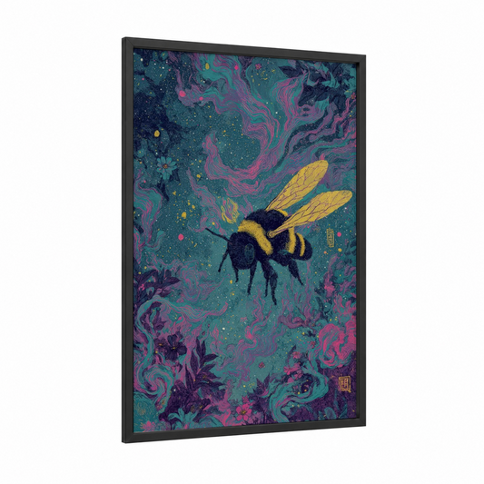 Ethereal Bee framed art print — black wood frame — magenta and teal palette