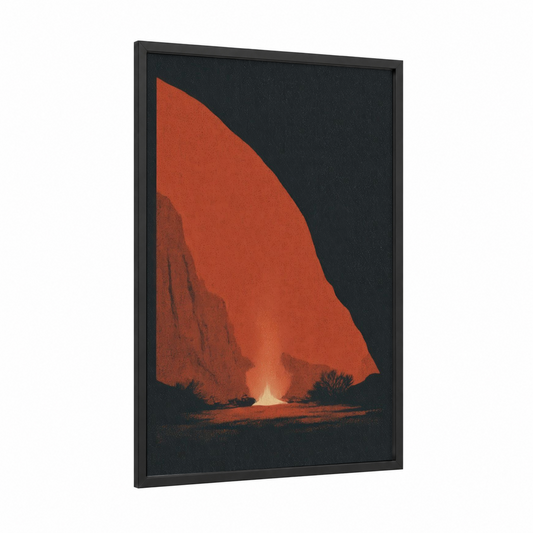 Desert Campfire framed camping print — black wood frame — red and black palette