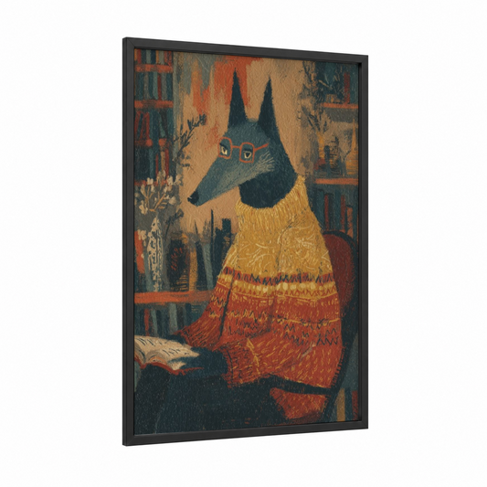 Cozy Wolf Portrait framed art print — black wood frame — russet and gold palette