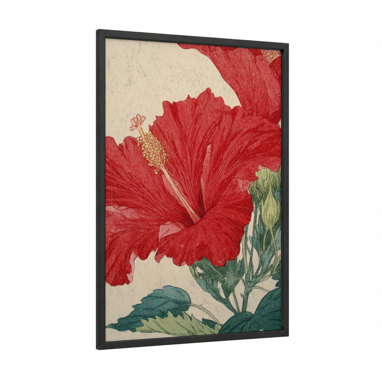 Crimson Hibiscus framed art print — black wood frame — red and cream palette