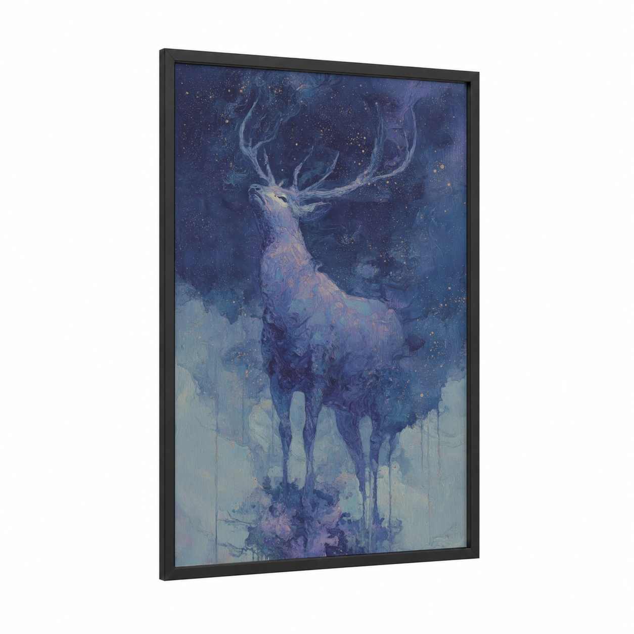Celestial Elk framed art print — black wood frame — blue and gold palette