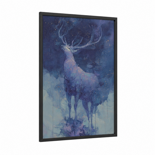Celestial Elk framed art print — black wood frame — blue and gold palette