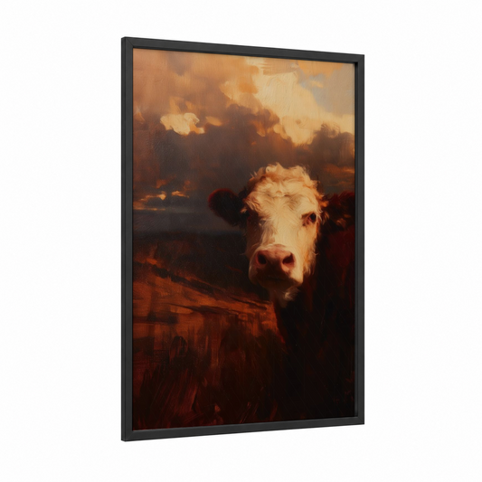 Golden Angus framed angus cow print — black wood frame — gold and russet palette