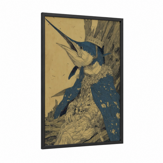 Blue Marlin Strike framed art print — black wood frame — dark blue and cream palette