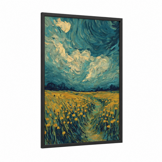 Golden Dandelion Field framed art print — black wood frame — yellow gold and teal palette