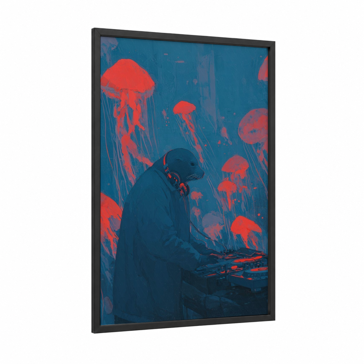 Bioluminescent Sea Lion framed art print — black wood frame — blue and red palette