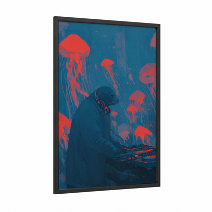 Bioluminescent Sea Lion framed art print — black wood frame — blue and red palette
