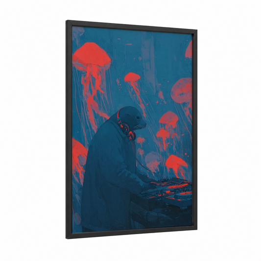 Bioluminescent Sea Lion framed art print — black wood frame — blue and red palette