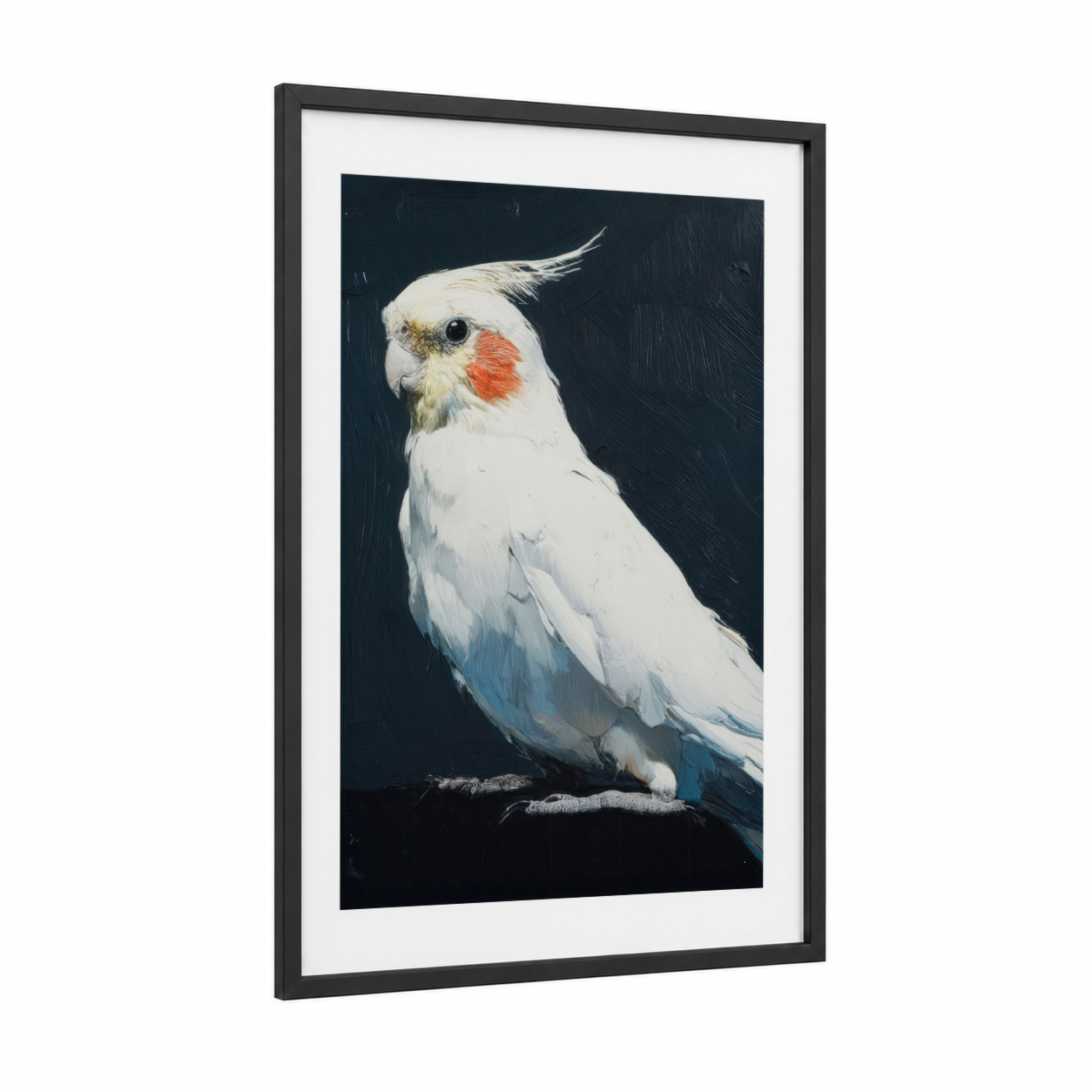 Cockatiel Portrait framed art print — black wood frame — white and black palette