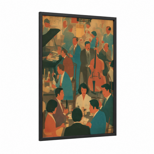 Jazz Age Celebration framed vintage japanese ads print — black wood frame — gold and teal palette