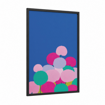 Colorful Abstract Blooms framed abstract flower print — black wood frame — pink and blue palette