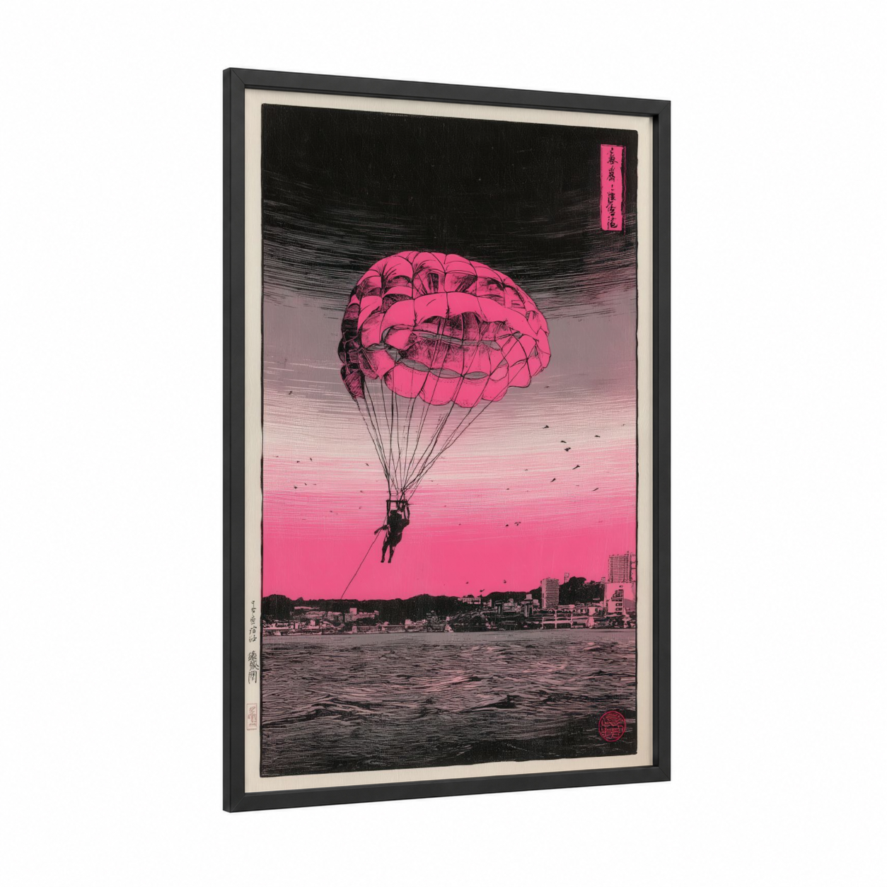 Neon Parasailing framed art print — black wood frame — magenta and black palette