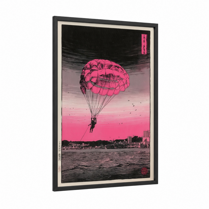 Neon Parasailing framed art print — black wood frame — magenta and black palette
