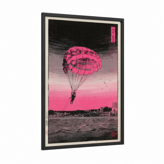 Neon Parasailing framed art print — black wood frame — magenta and black palette
