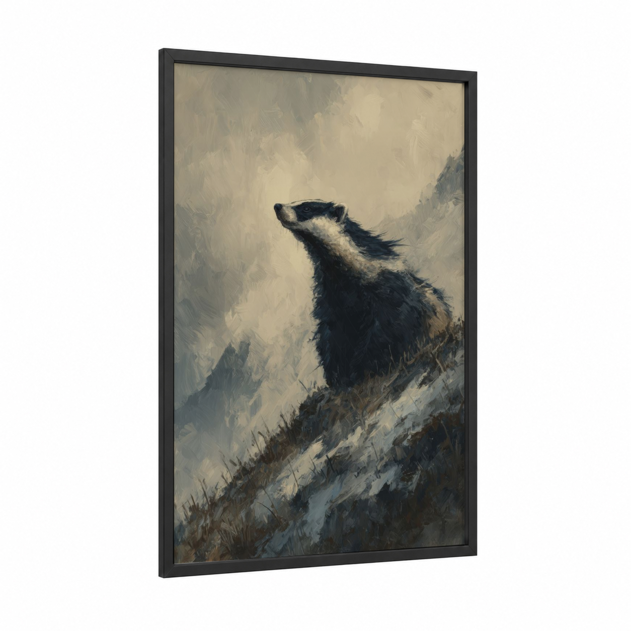 Alpine Badger framed art print — black wood frame — gray and cream palette
