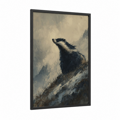 Alpine Badger framed art print — black wood frame — gray and cream palette