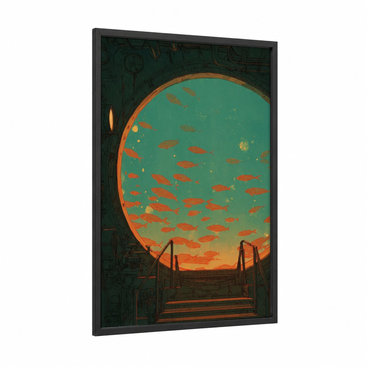 Submarine Window framed art print — black wood frame — turquoise and gold palette