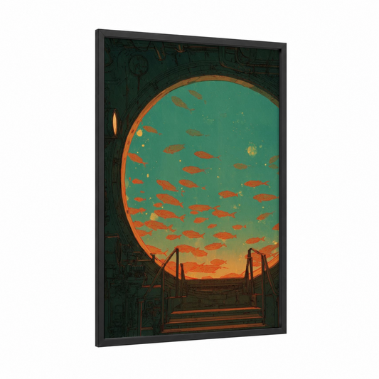 Submarine Window framed art print — black wood frame — turquoise and gold palette