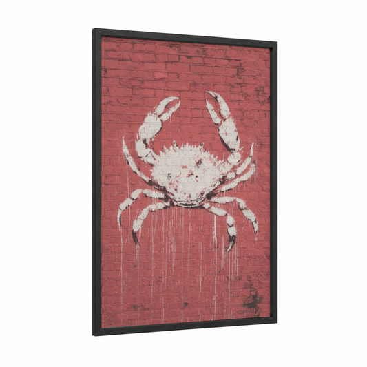 Crimson Crab framed art print — black wood frame — red and white palette