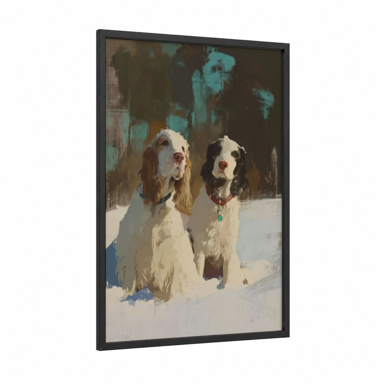 Snowy Spaniel Pair framed art print — black wood frame — teal and cream palette