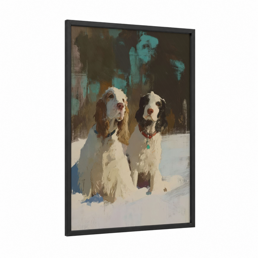 Snowy Spaniel Pair framed art print — black wood frame — teal and cream palette