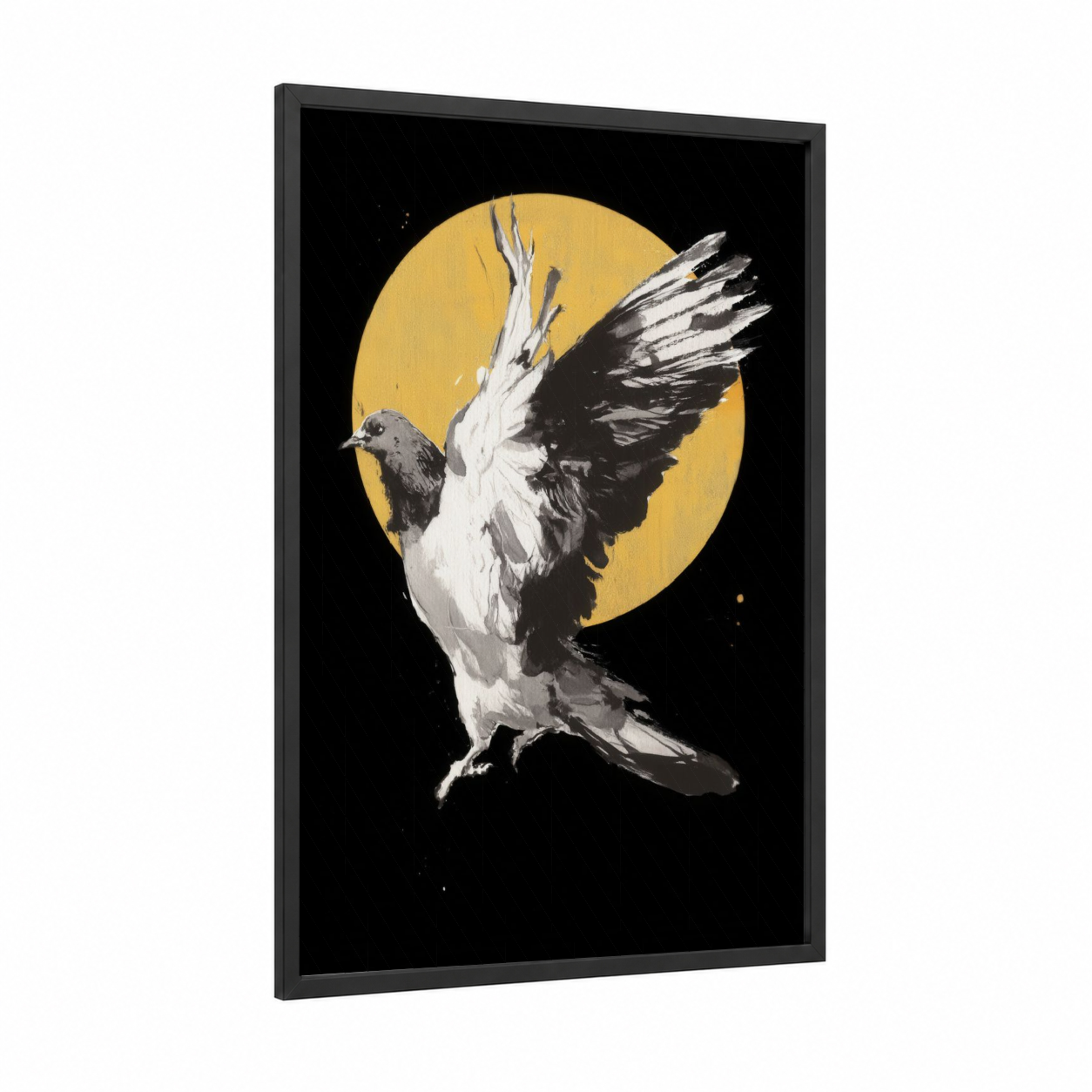 Golden Moon Pigeon framed art print — black wood frame — gold and black and white palette