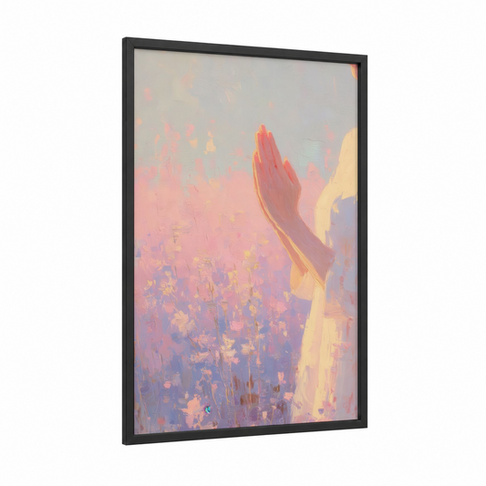 Spiritual Yoga Pose framed fitness yoga print — black wood frame — peach and lavender palette