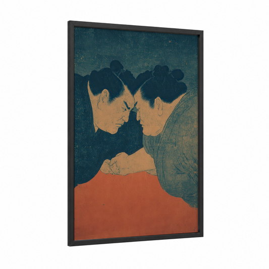 Intimate Sumo Moment framed art print — black wood frame — teal and red palette
