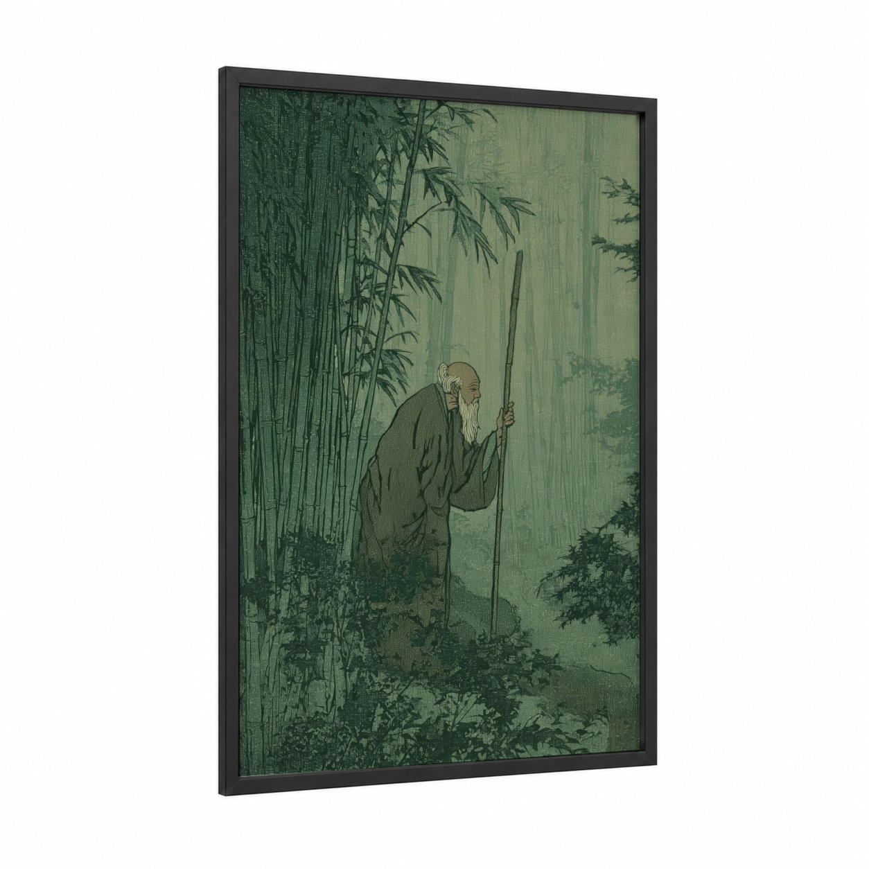 Bamboo Master framed kung fu print — black wood frame — sage green and dove gray palette