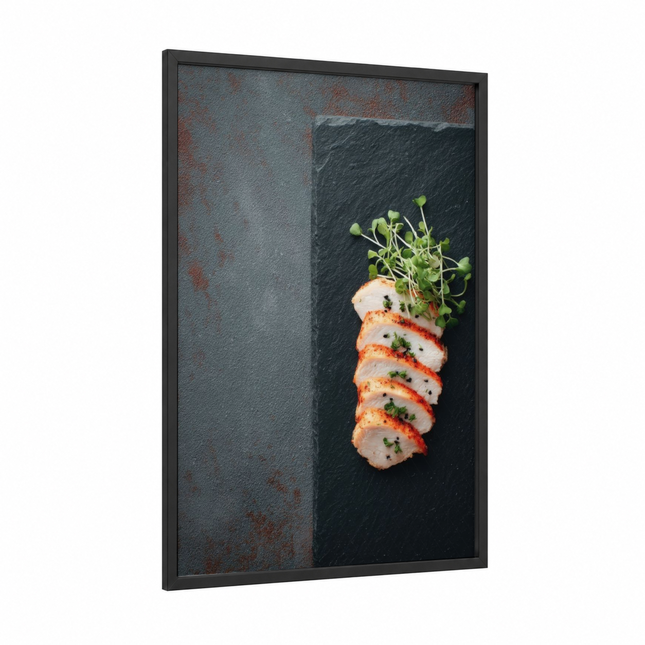 Seared Poultry Elegance framed art print — black wood frame — gray and black and white palette