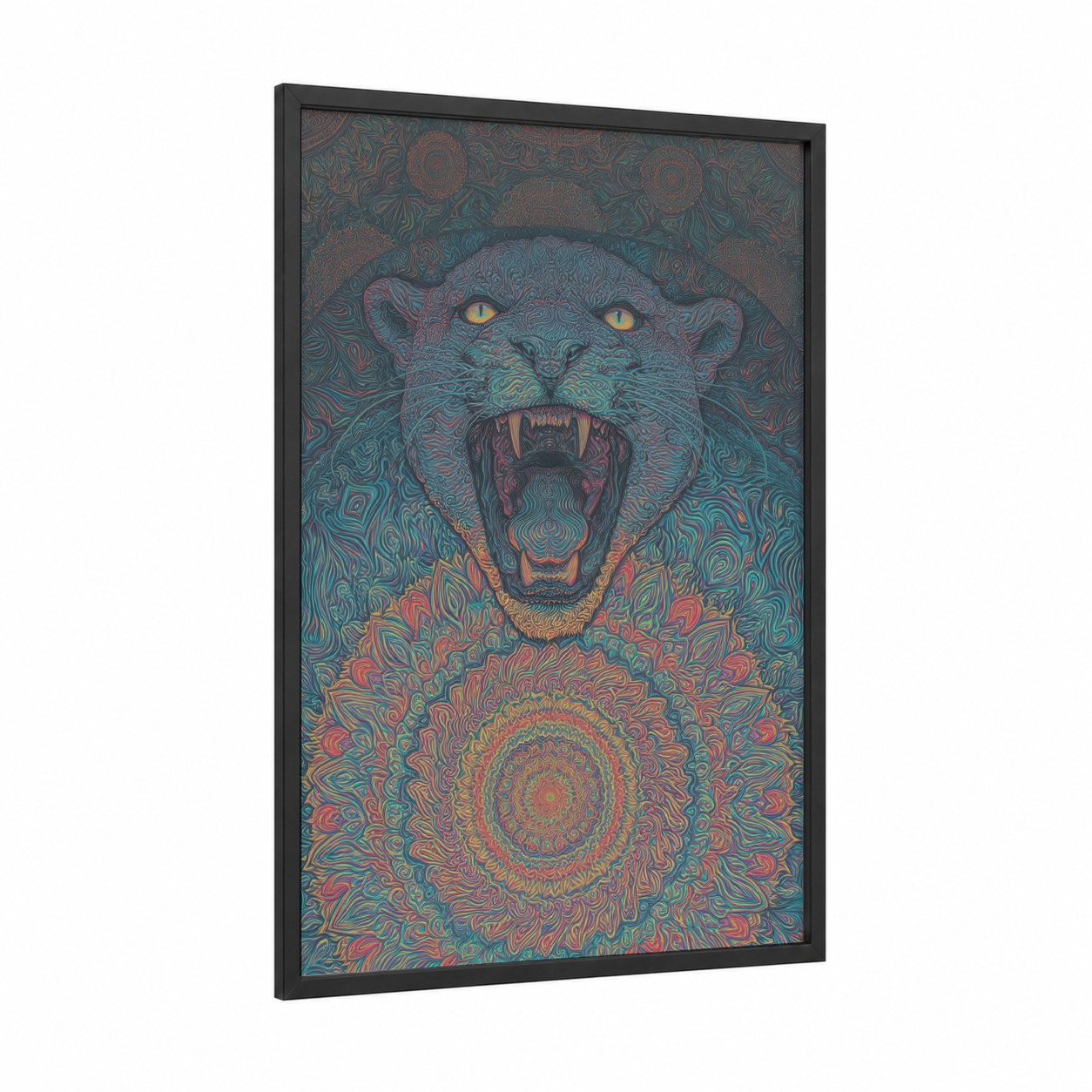 Mystic Panther framed art print — black wood frame — teal and magenta palette