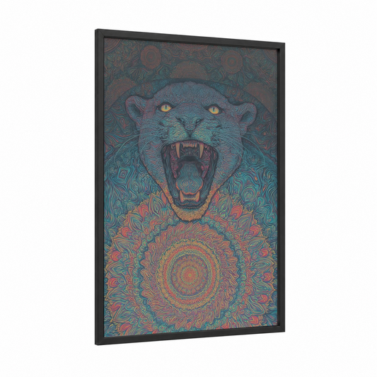 Mystic Panther framed art print — black wood frame — teal and magenta palette