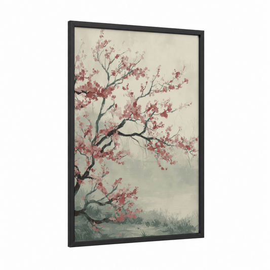 Misty Cherry Blossoms framed art print — black wood frame — cream and rose gold palette