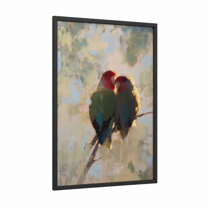Lovebirds Together framed safari parrots print — black wood frame — gold and green palette