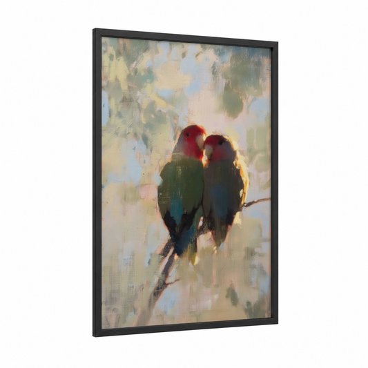 Lovebirds Together framed safari parrots print — black wood frame — gold and green palette