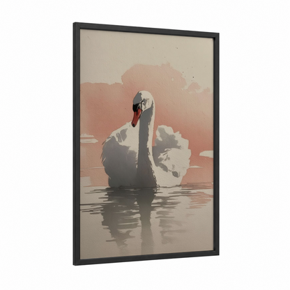 Serene Swan framed art print — black wood frame — peach and dove gray palette