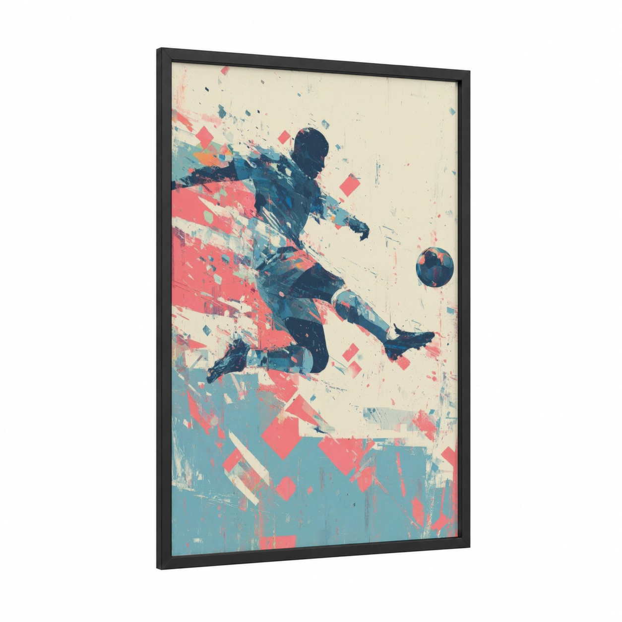Dynamic Soccer Player framed art for boy print — black wood frame — blue and pink palette