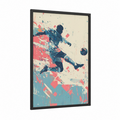 Dynamic Soccer Player framed art for boy print — black wood frame — blue and pink palette