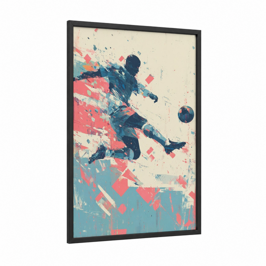 Dynamic Soccer Player framed art for boy print — black wood frame — blue and pink palette