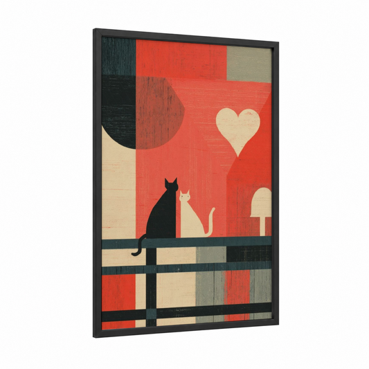 Love Pair Cats framed valentine's day print — black wood frame — red and cream palette