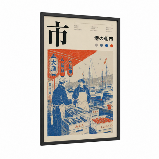 Japanese Fish Market Harbor Wall Art framed port print — black wood frame — blue and orange palette