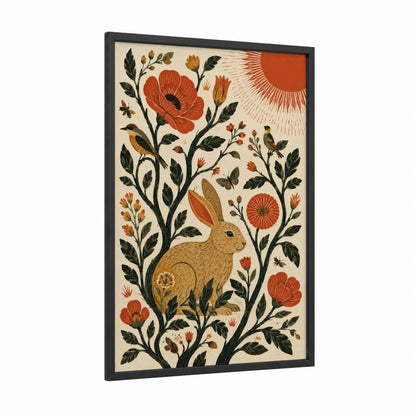 Folk Rabbit Garden Wall Art framed art print — black wood frame — orange and beige palette