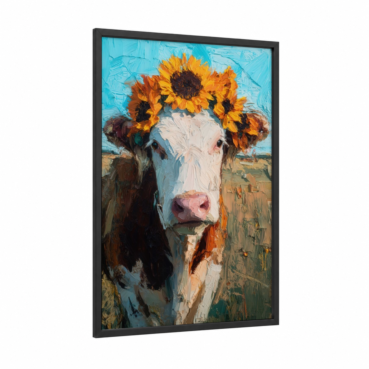 Sunflower Hereford framed hereford cow print — black wood frame — blue and gold palette