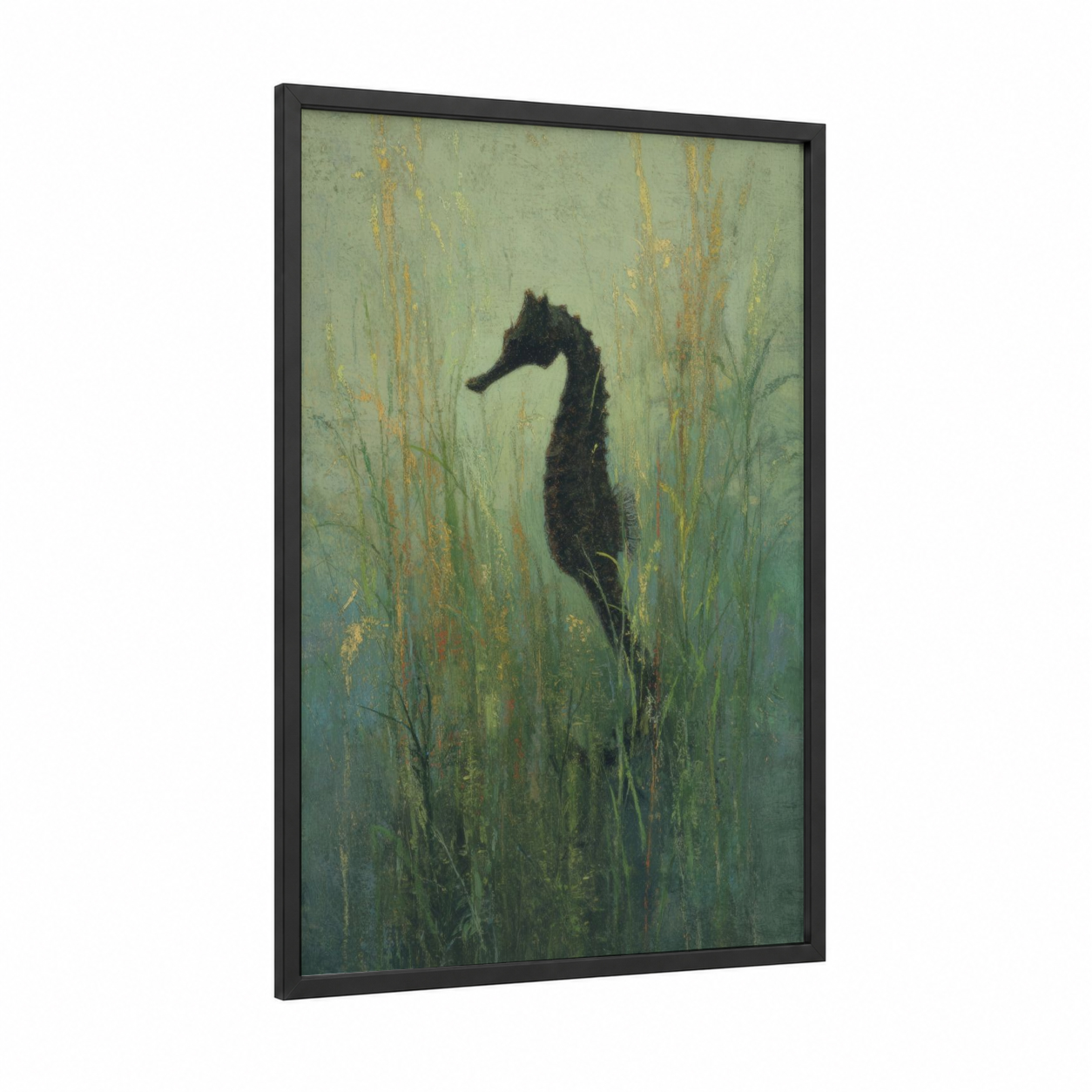 Seagrass Seahorse framed sea horse print — black wood frame — sage green and black palette