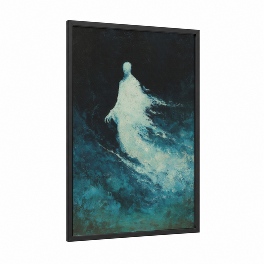Ethereal Ghost framed art print — black wood frame — dark blue and blue and white palette
