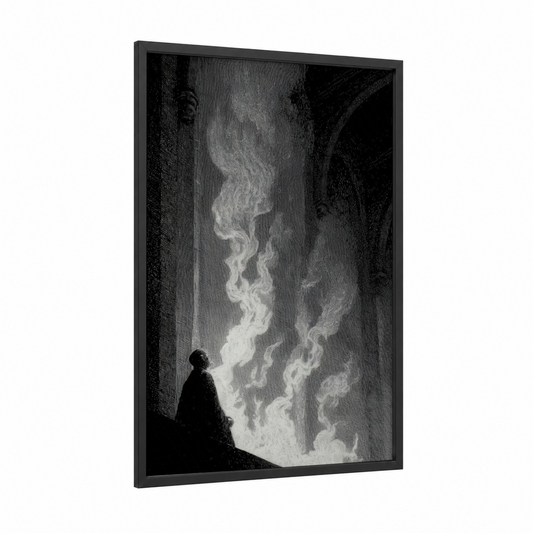 Ethereal Incantation framed magic and witchcraft print — black wood frame — black and white and gray palette