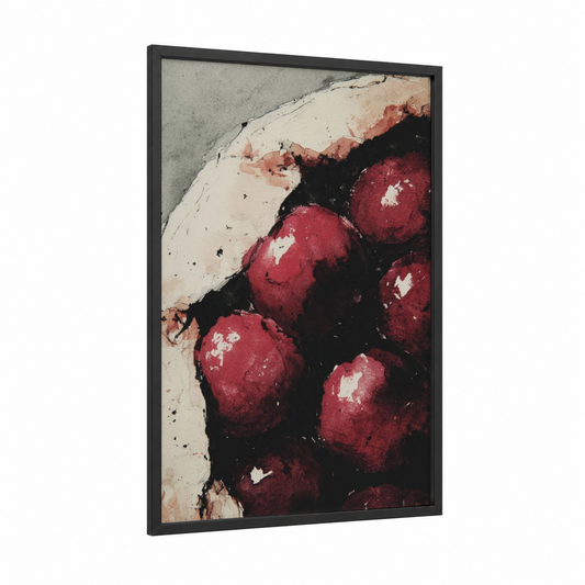 Crimson Baked Apples framed baking print — black wood frame — maroon and cream palette