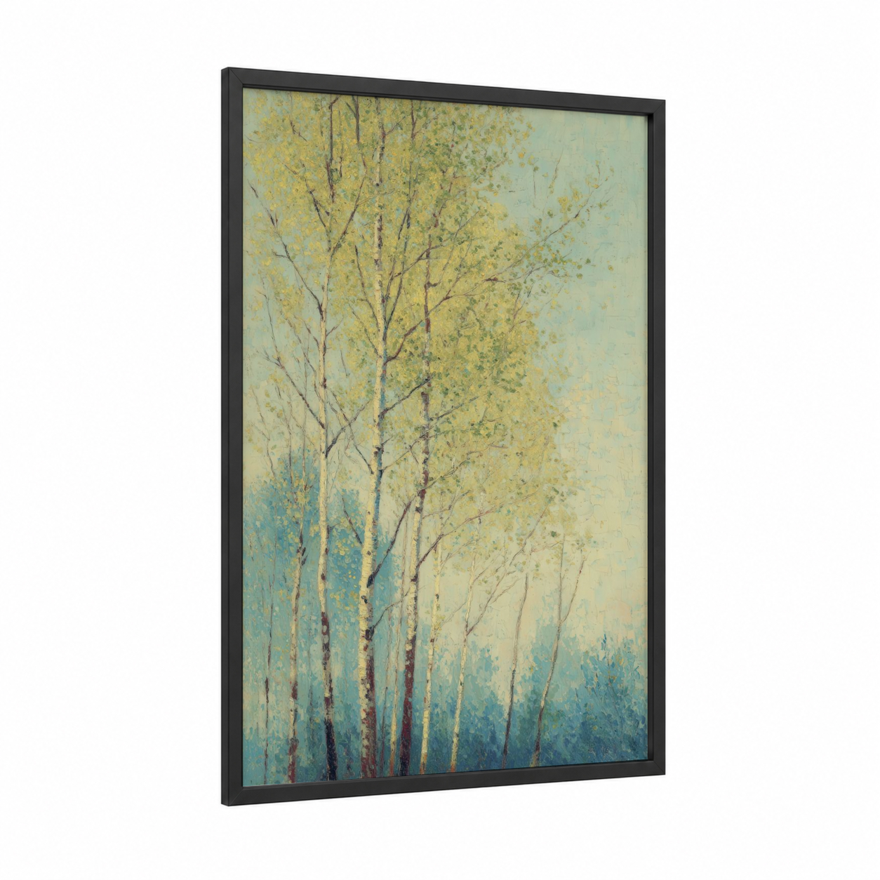 Golden Birch Forest framed birch tree print — black wood frame — yellow gold and teal palette