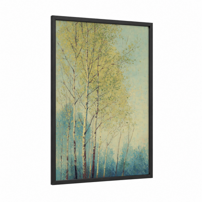 Golden Birch Forest framed birch tree print — black wood frame — yellow gold and teal palette