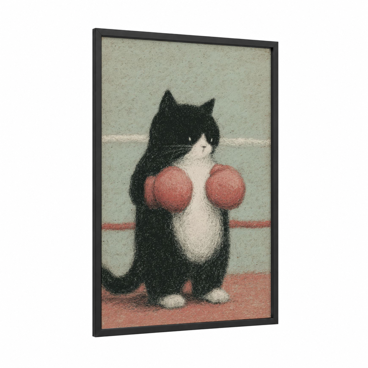 Boxing Cat framed art print — black wood frame — black and white and salmon pink palette